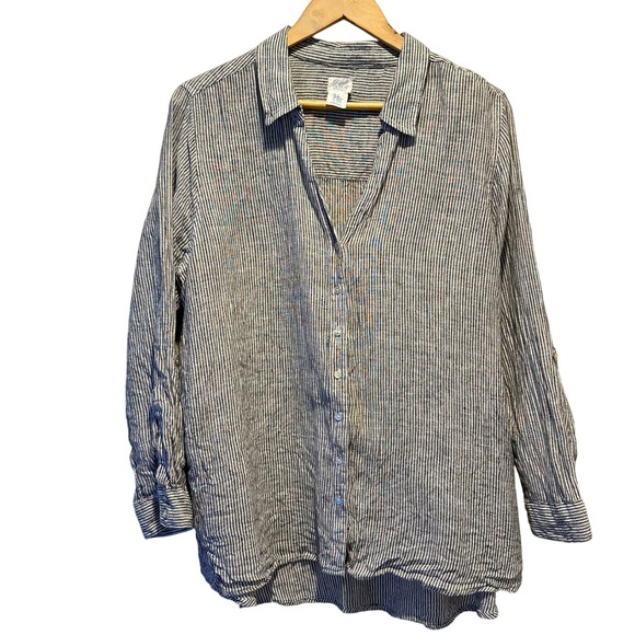 Sigrid Olsen Tops - Sigrid Olsen Button Up Shirt Womens 2X Striped 100% Linen Roll Tab Coastal
